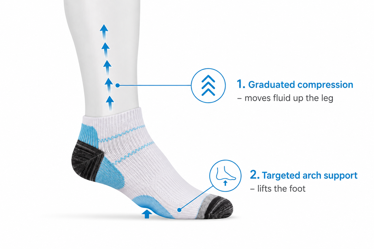 Clean podiatry diagram showing graduated compression guiding blood flow upward through the lower leg