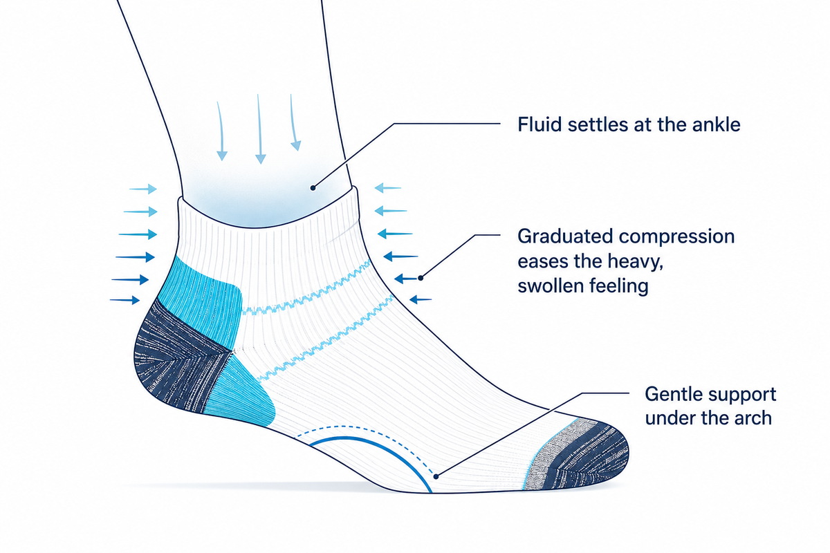 Clean podiatry diagram showing arch support and graduated compression on the lower leg