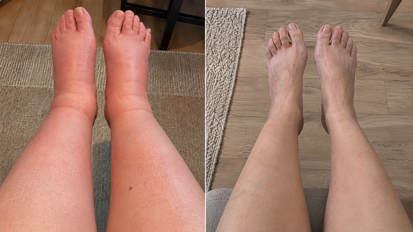 Before and after: one of my patients, a nurse on her feet all day, a few weeks after she started wearing Archly through her shifts. An individual result, and everyone is different.