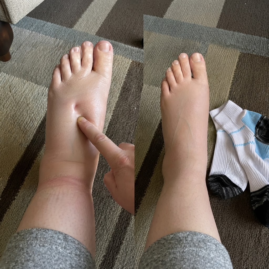 Before and after: swollen foot pressed with a finger, then reduced swelling next to Archly socks